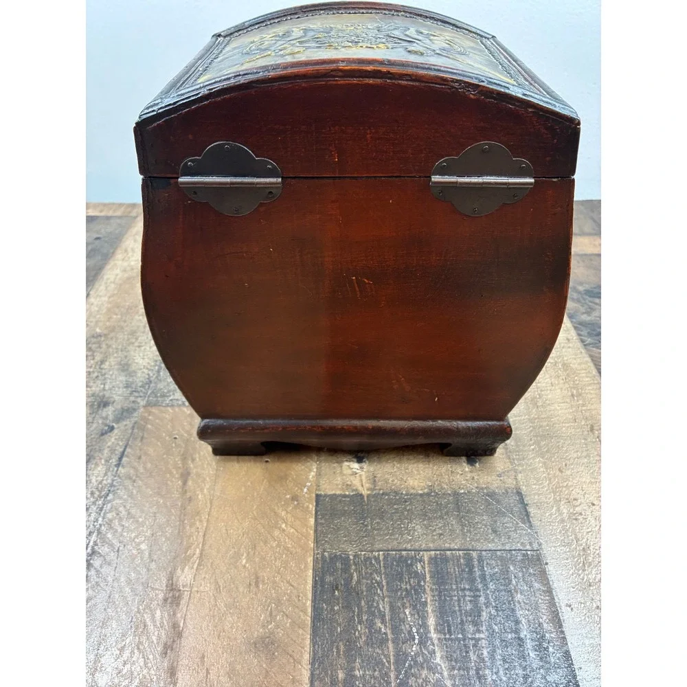 Vintage Wooden Treasure Chest Jewelry Box Cherub Relief Brown Gold Small Trunk